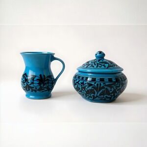 Turkish Ceramic Pitcher & Jar Set Turquoise Blue Hand Painted Floral Iznik